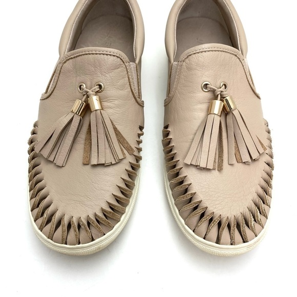 J/SLIDES Nyc AZTEC Leather Fringe Wrapped Tassel Slip on Shoes in National Beige - Picture 3 of 11
